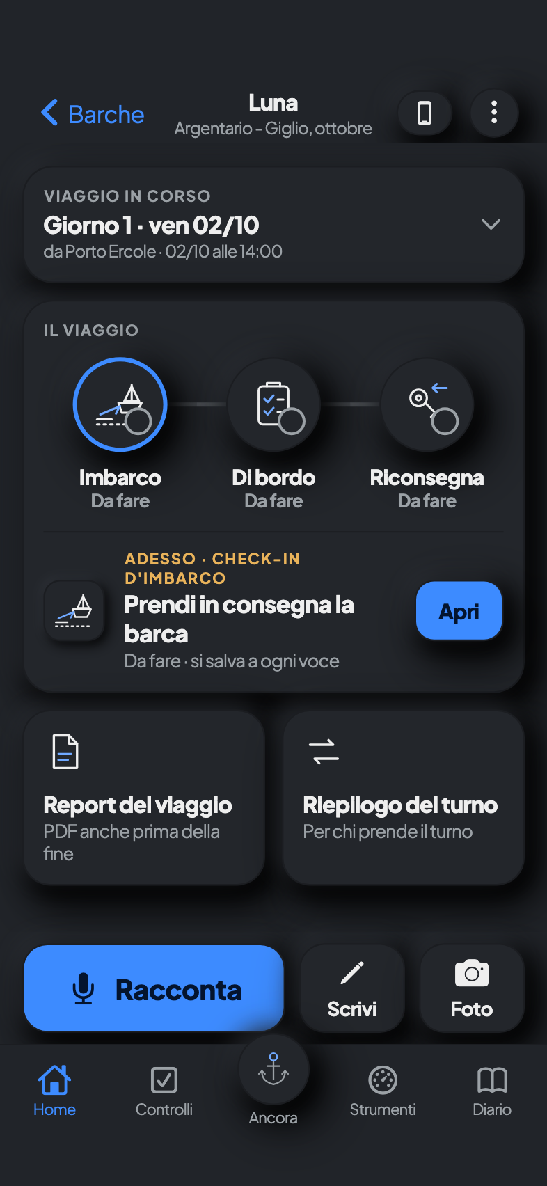 Home di Blast Skipper in tema scuro: viaggio dimostrativo, check-in e cinque voci di navigazione